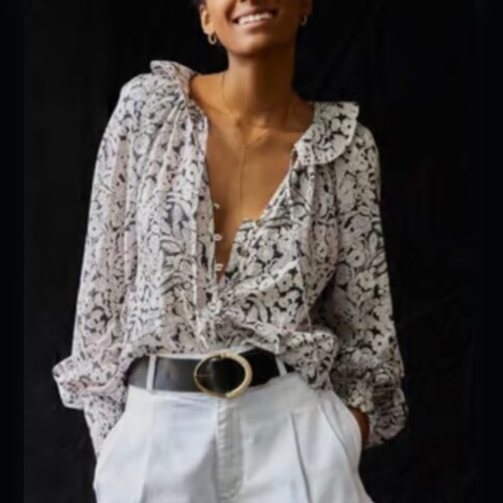 Anthropologie Peasant Ruffle Blouse Shirt Paisley Print White Lavender XXS